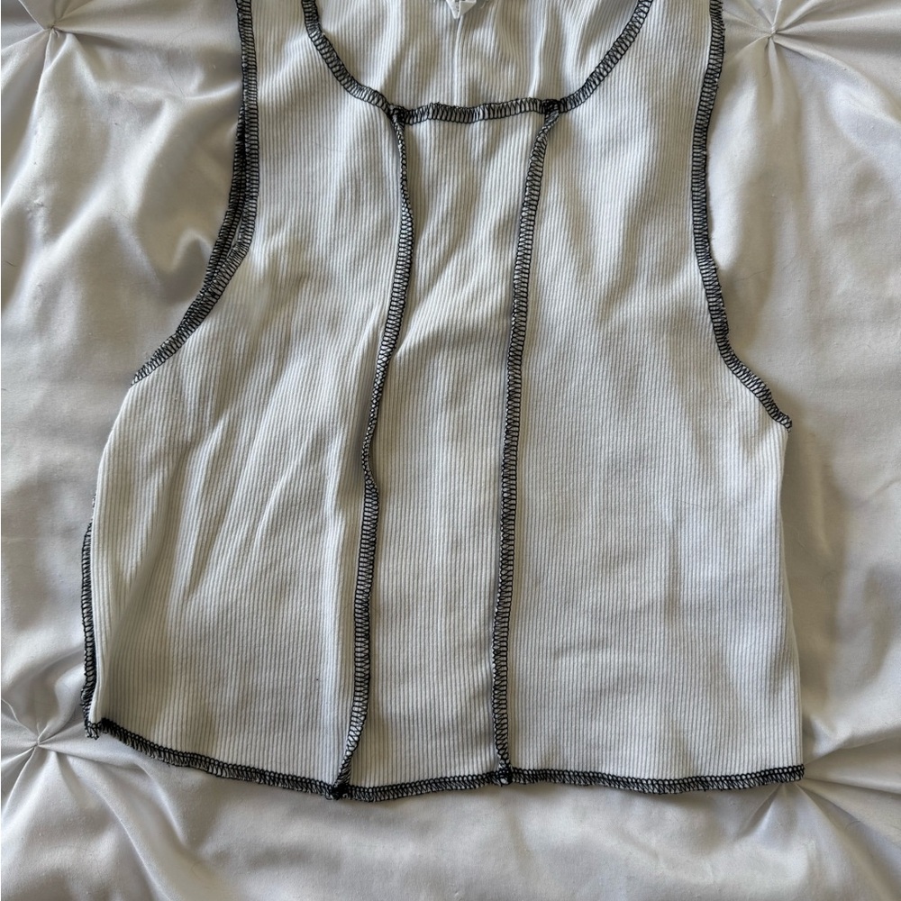 Garage White Ribbed Tank with Black Contrast Stitching